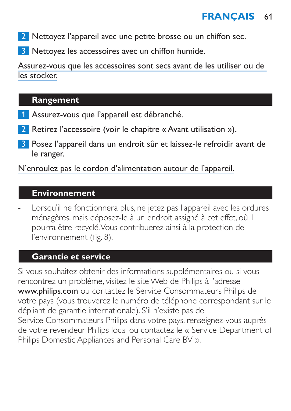 Rangement, Environnement, Garantie et service | Dépannage | Philips Moldeador User Manual | Page 61 / 112