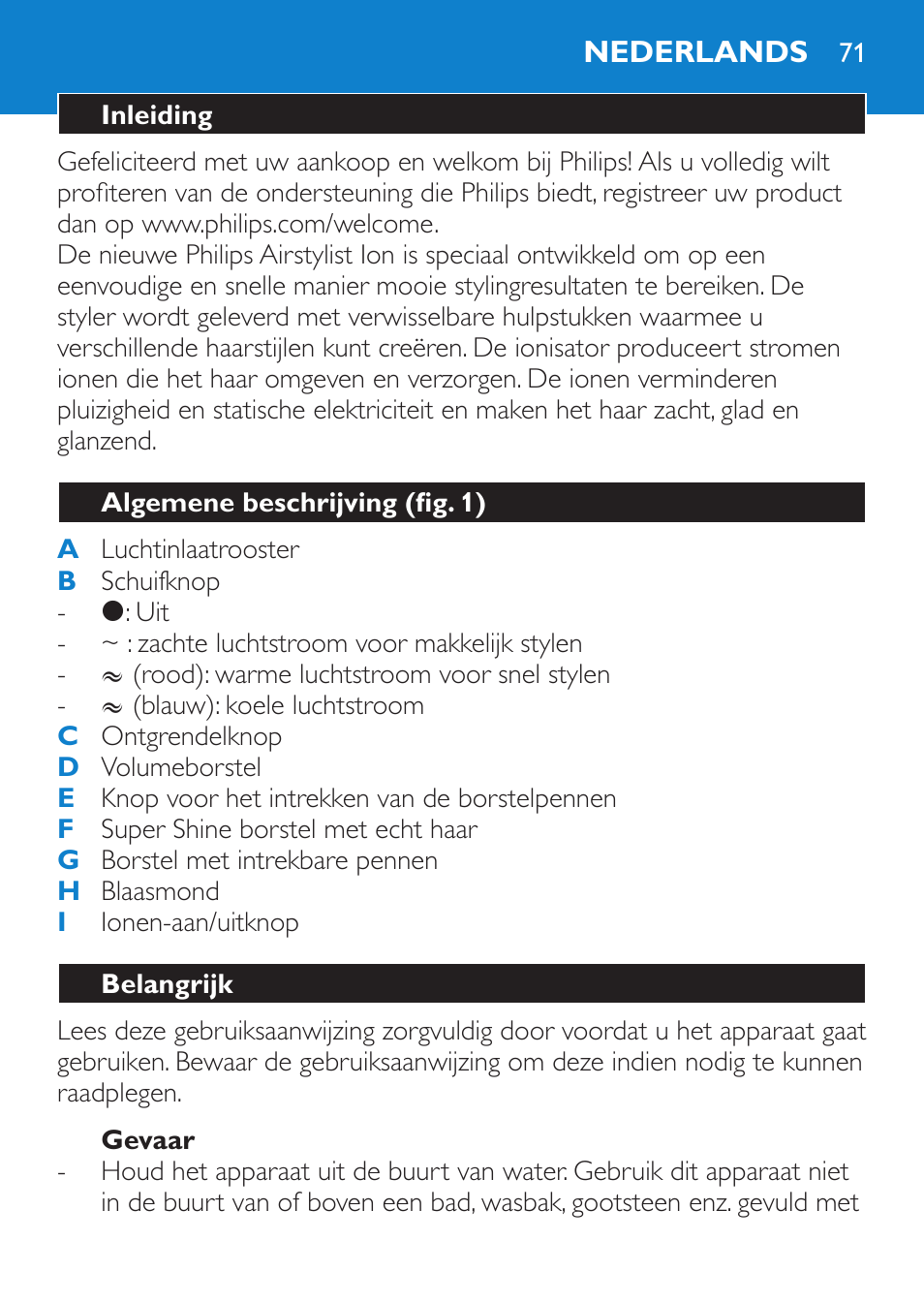 Gevaar, Nederlands, Inleiding | Algemene beschrijving (fig. 1), Belangrijk | Philips Moldeador User Manual | Page 71 / 112