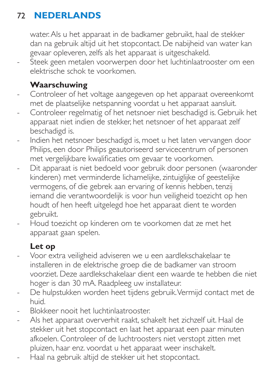 Waarschuwing, Let op | Philips Moldeador User Manual | Page 72 / 112