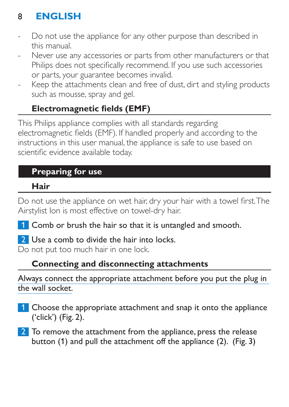 Electromagnetic fields (emf), Preparing for use, Hair | Connecting and disconnecting attachments | Philips Moldeador User Manual | Page 8 / 112