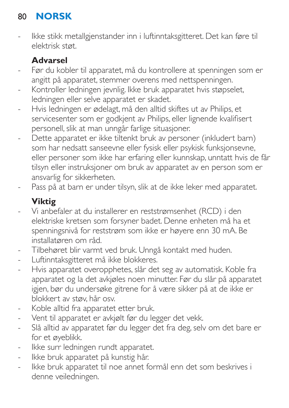 Advarsel, Viktig | Philips Moldeador User Manual | Page 80 / 112