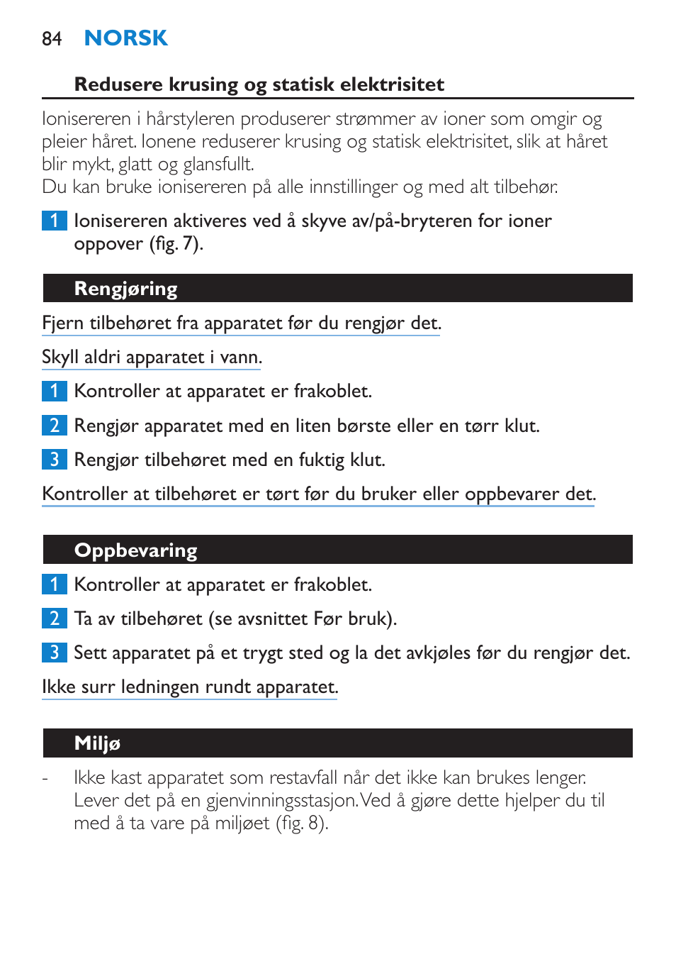 Redusere krusing og statisk elektrisitet, Rengjøring, Oppbevaring | Miljø | Philips Moldeador User Manual | Page 84 / 112
