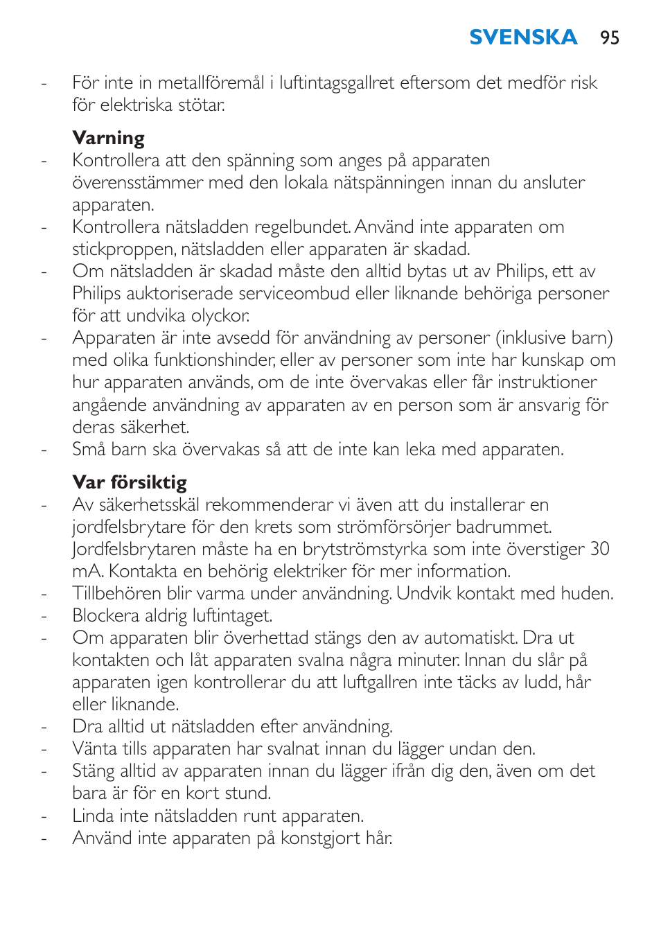 Varning, Var försiktig | Philips Moldeador User Manual | Page 95 / 112