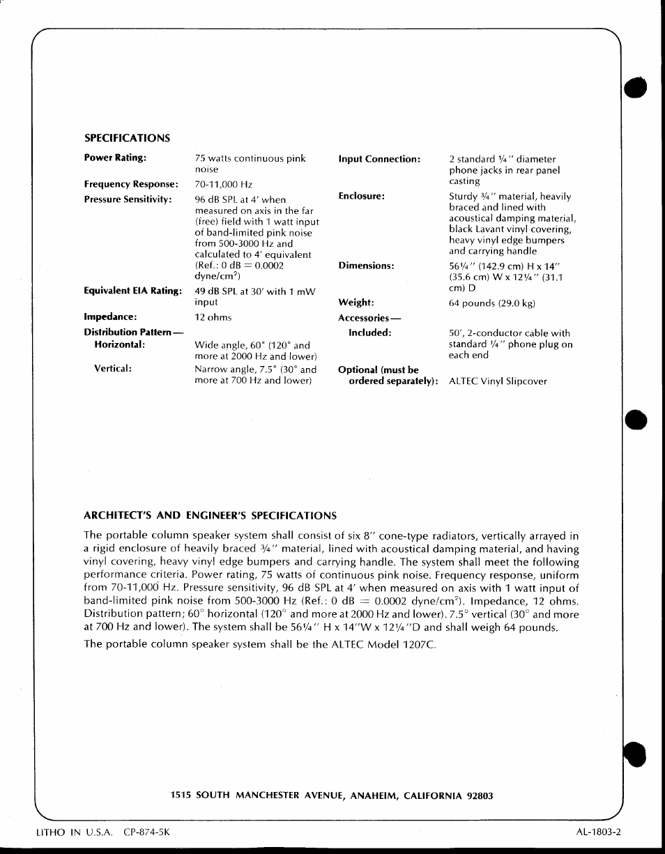 Frequency response: pressure sensitivity, Equivalent eia rating, Vertical | Input connection, Enclosure, Dimensions, Optional (must be ordered separately) | Altec Lansing 1207C User Manual | Page 2 / 2