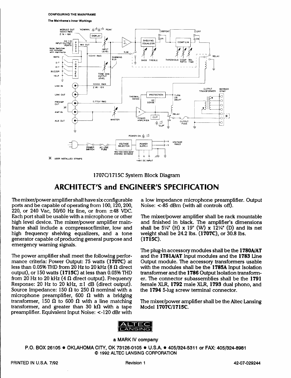 Architect's and engineer's specification | Altec Lansing 1715C User Manual | Page 6 / 27