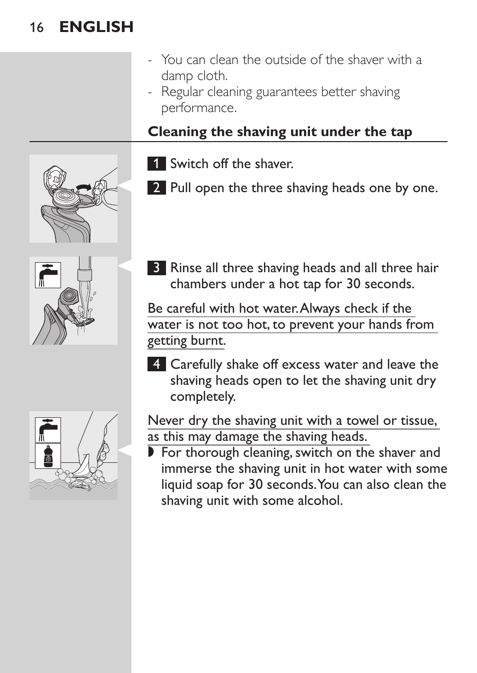 Cleaning the shaving unit under the tap, Cleaning the shaving unit with the brush supplied | Philips Afeitadora eléctrica User Manual | Page 14 / 124