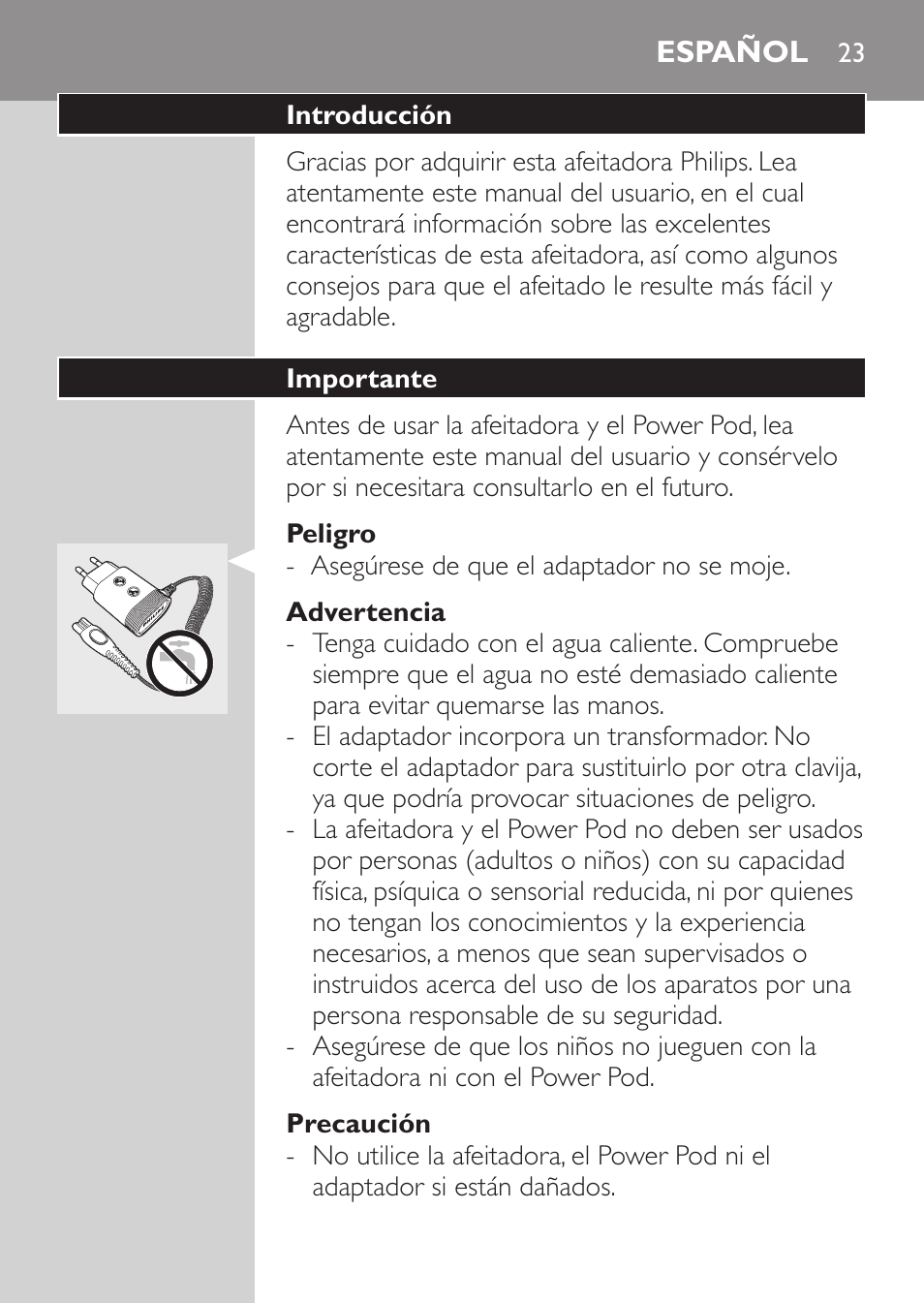 Peligro, Advertencia, Precaución | Español, Introducción, Importante | Philips Afeitadora eléctrica User Manual | Page 21 / 124