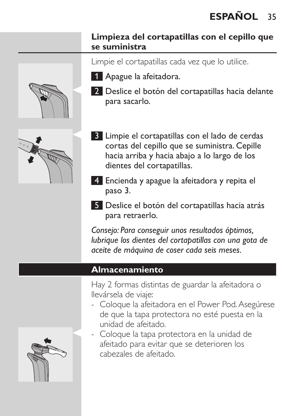 Almacenamiento | Philips Afeitadora eléctrica User Manual | Page 33 / 124