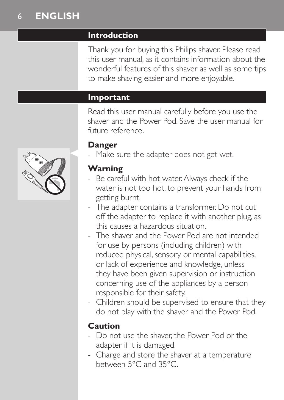 English, Introduction, Important | Danger, Warning, Caution | Philips Afeitadora eléctrica User Manual | Page 4 / 124