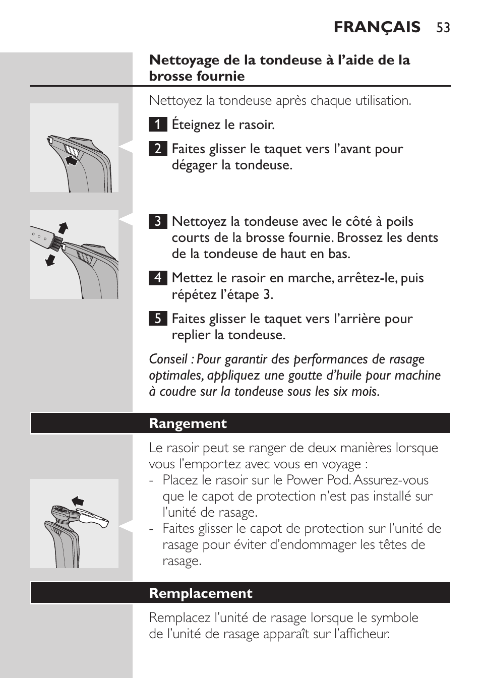 Rangement, Remplacement | Philips Afeitadora eléctrica User Manual | Page 51 / 124