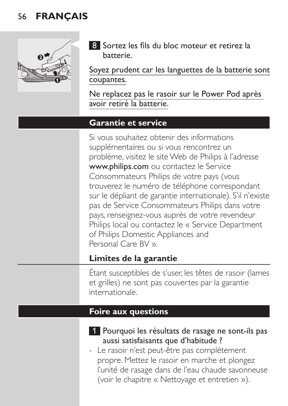 Garantie et service, Limites de la garantie, Foire aux questions | Philips Afeitadora eléctrica User Manual | Page 54 / 124