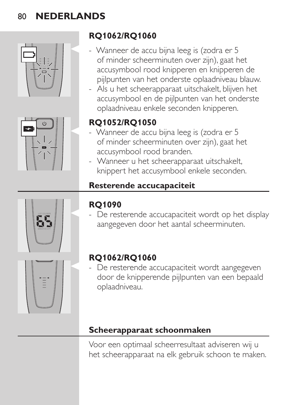 Rq1052/rq1050, Resterende accucapaciteit, Rq1090 | Rq1062/rq1060, Scheerapparaat schoonmaken | Philips Afeitadora eléctrica User Manual | Page 78 / 124