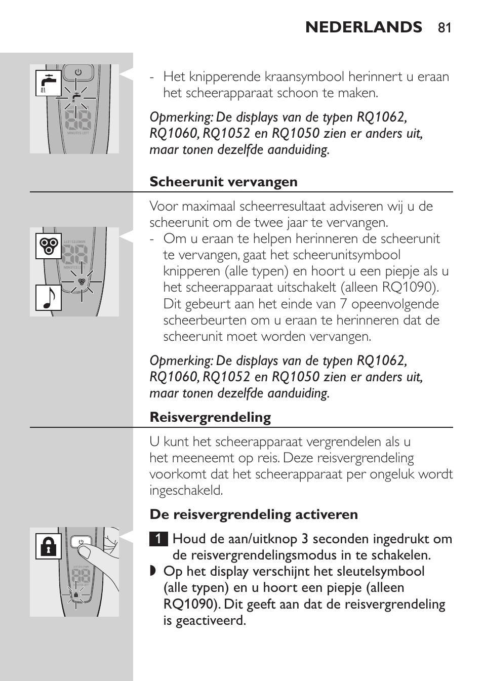 Scheerunit vervangen, Reisvergrendeling, De reisvergrendeling activeren | Philips Afeitadora eléctrica User Manual | Page 79 / 124