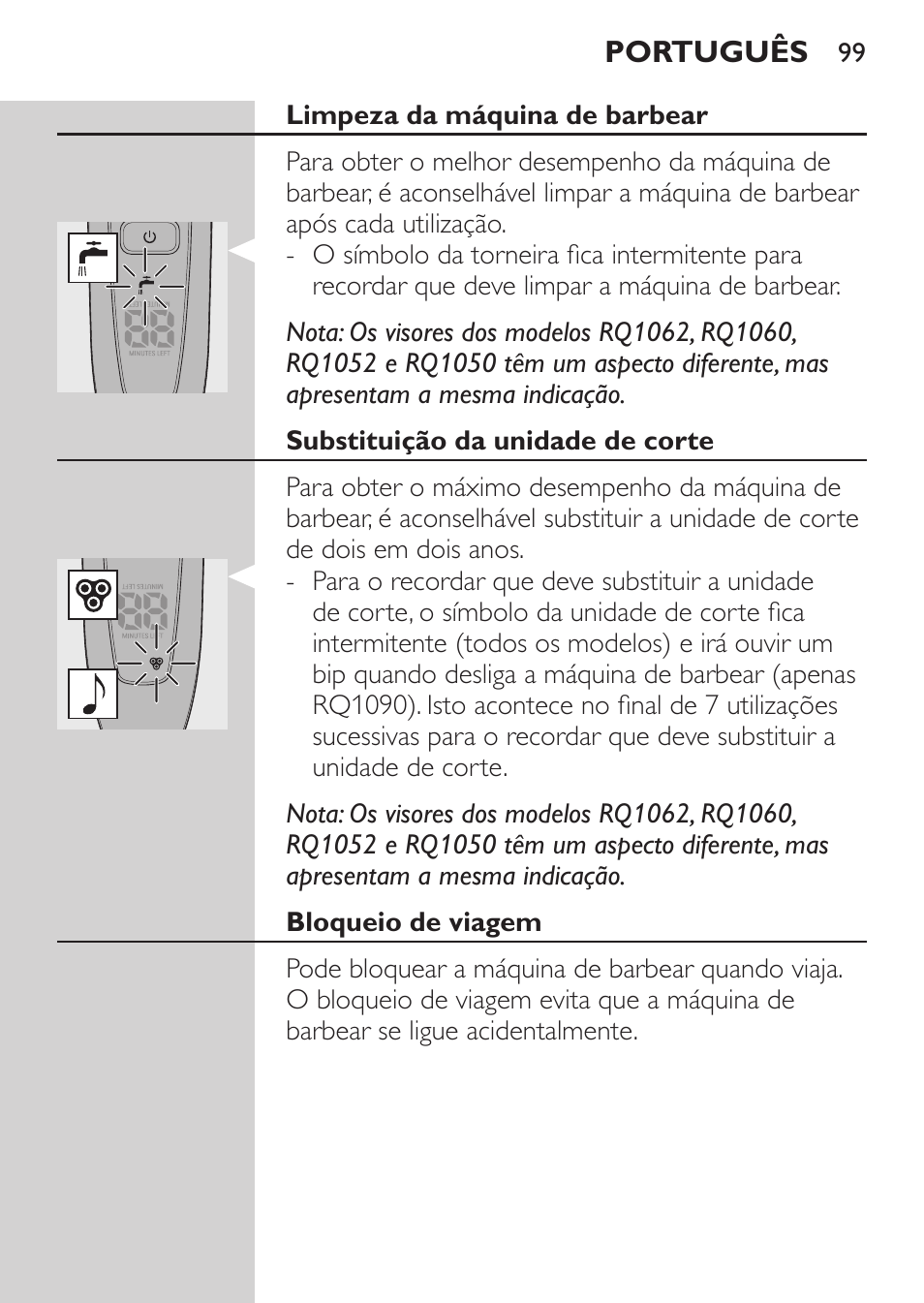 Limpeza da máquina de barbear, Substituição da unidade de corte, Bloqueio de viagem | Activar o bloqueio de viagem | Philips Afeitadora eléctrica User Manual | Page 97 / 124