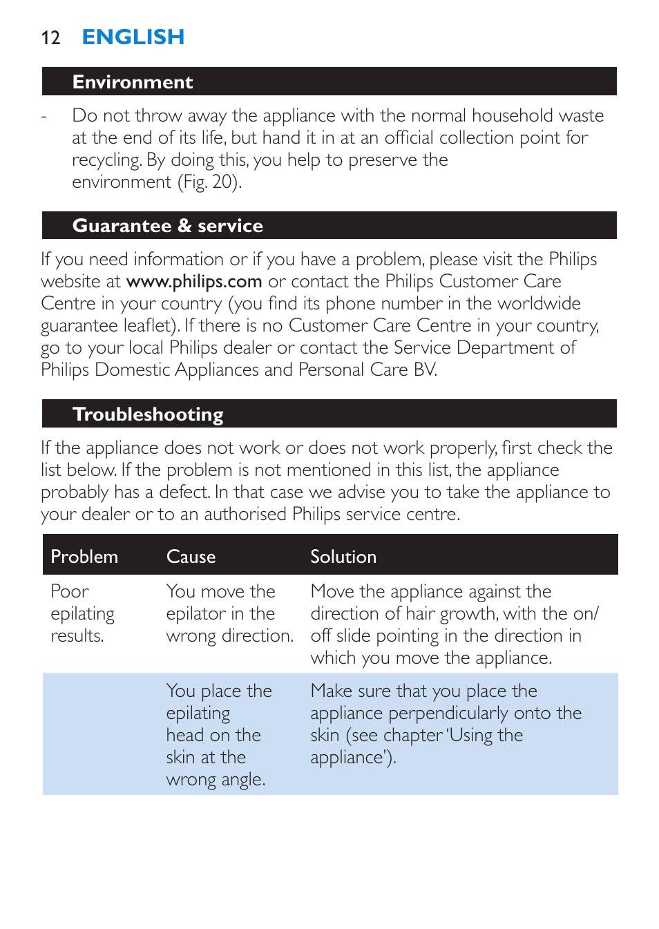 Environment, Guarantee & service, Troubleshooting | Philips Satinelle Depiladora User Manual | Page 12 / 80