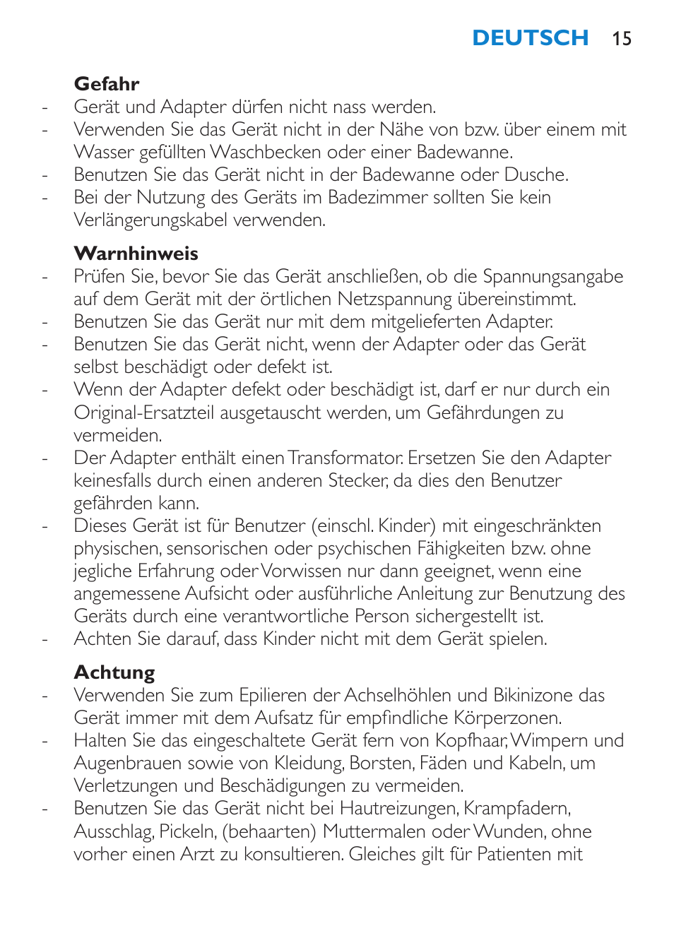 Gefahr, Warnhinweis, Achtung | Philips Satinelle Depiladora User Manual | Page 15 / 80