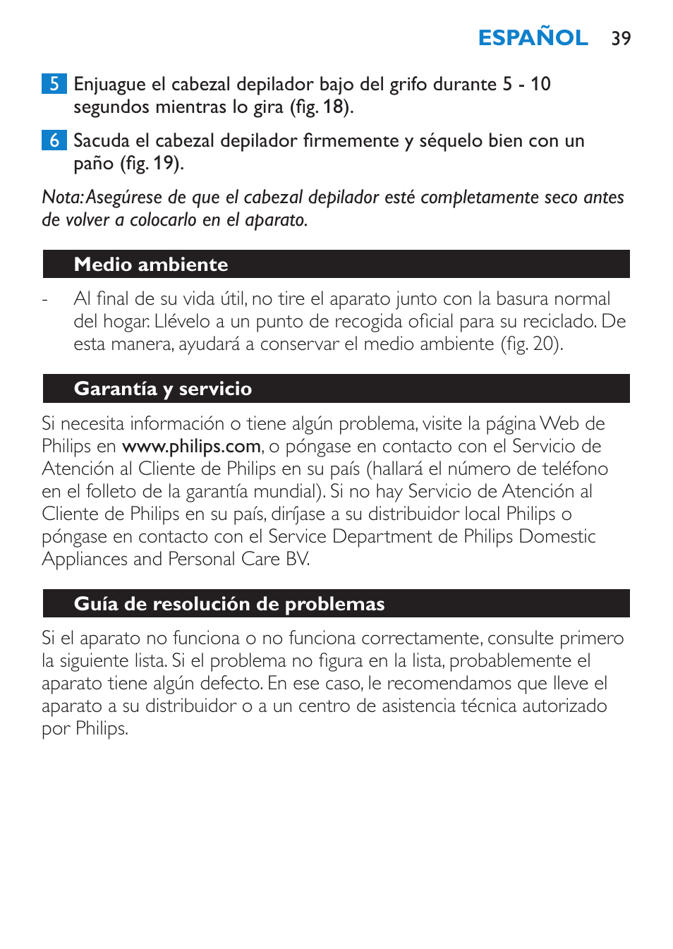 Medio ambiente, Garantía y servicio, Guía de resolución de problemas | Philips Satinelle Depiladora User Manual | Page 39 / 80