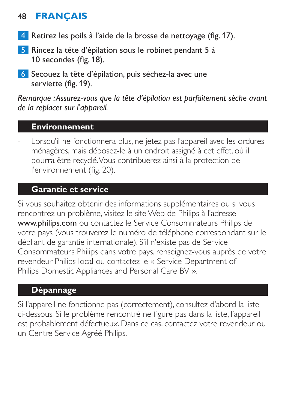 Environnement, Garantie et service, Dépannage | Philips Satinelle Depiladora User Manual | Page 48 / 80
