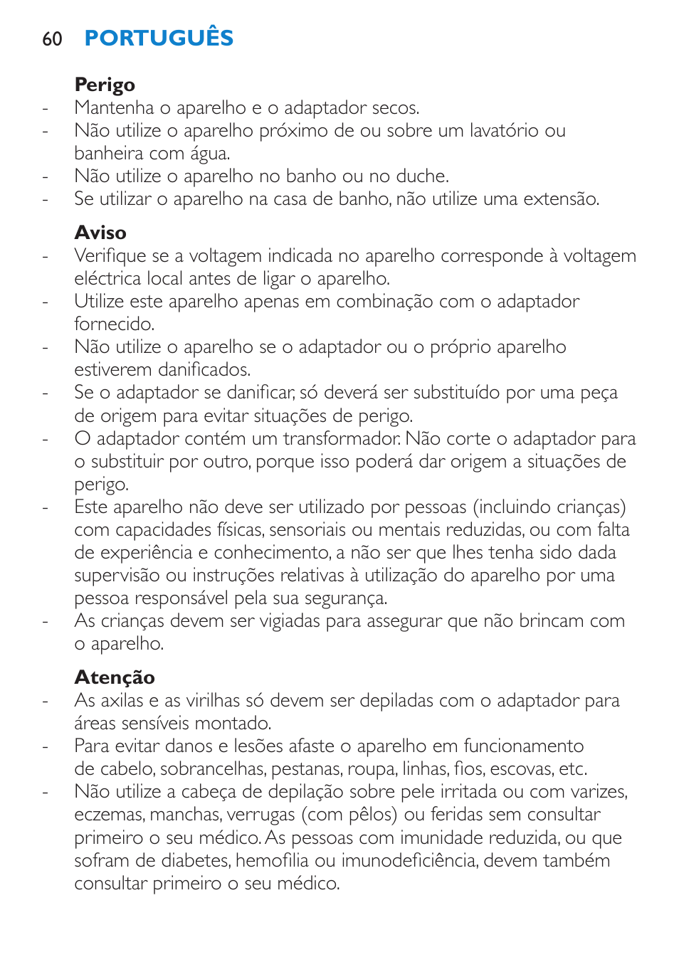 Perigo, Aviso, Atenção | Philips Satinelle Depiladora User Manual | Page 60 / 80