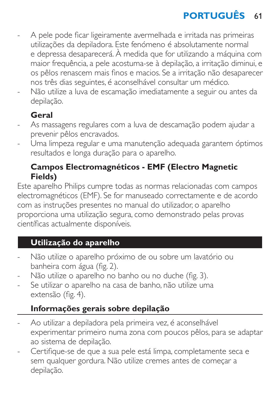 Geral, Utilização do aparelho, Informações gerais sobre depilação | Philips Satinelle Depiladora User Manual | Page 61 / 80