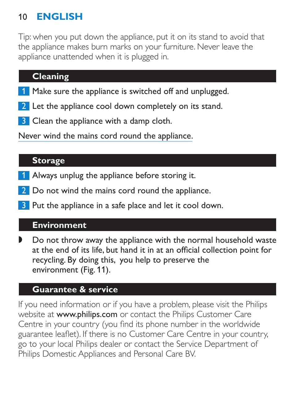 Cleaning, Storage, Environment | Guarantee & service | Philips SalonCurl Pro Rizador User Manual | Page 10 / 88