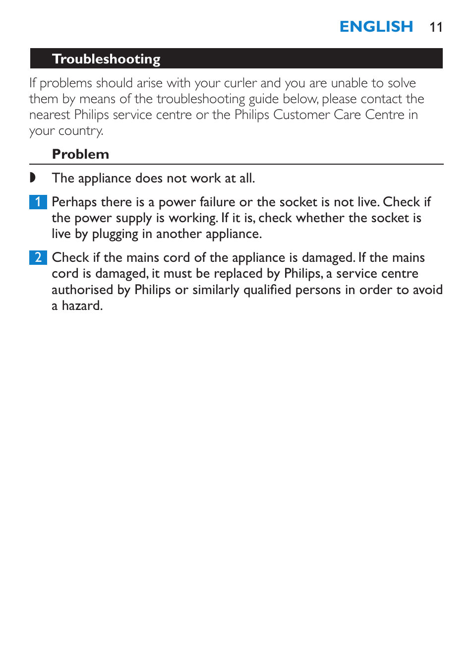 Troubleshooting, Problem | Philips SalonCurl Pro Rizador User Manual | Page 11 / 88