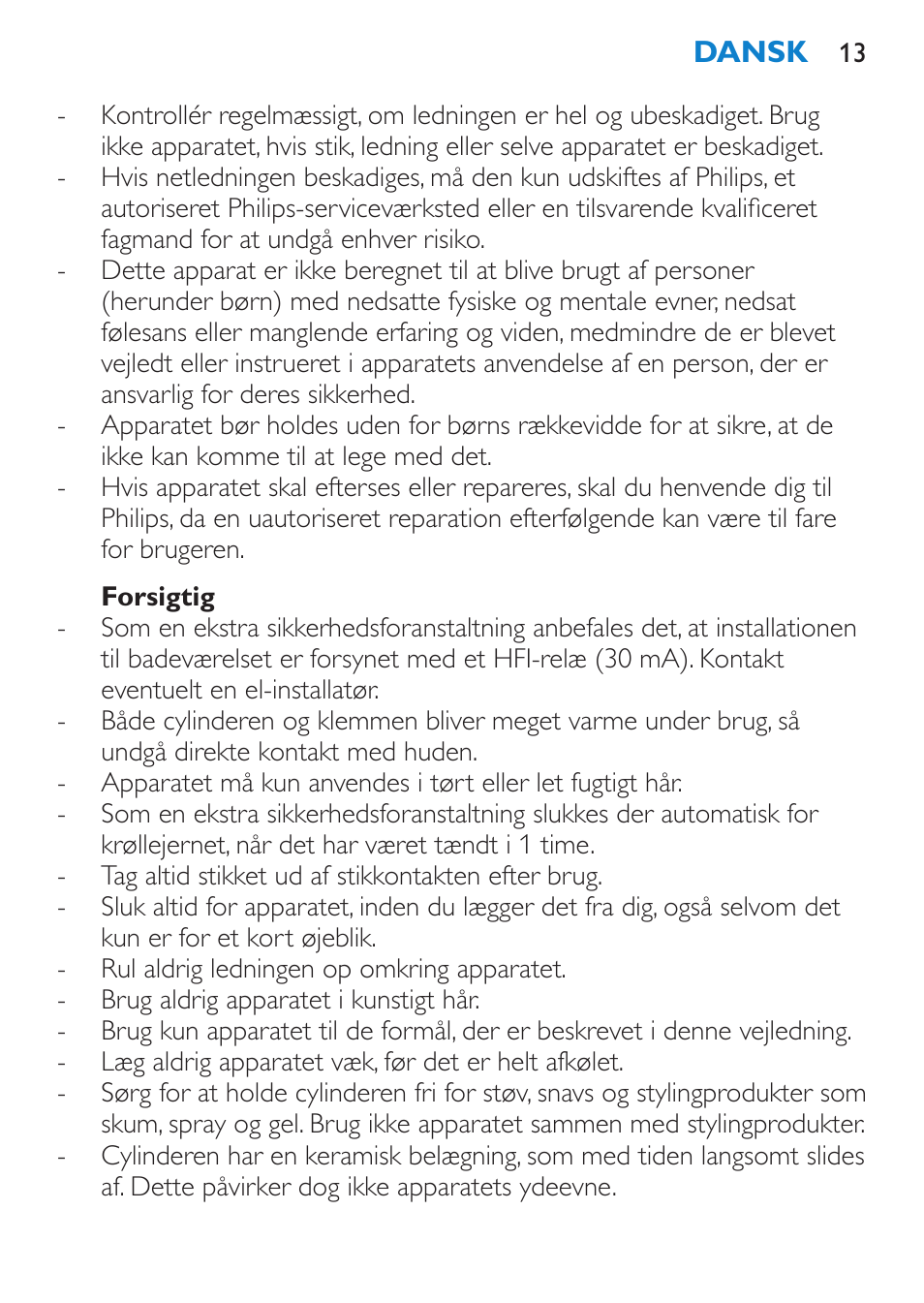 Forsigtig | Philips SalonCurl Pro Rizador User Manual | Page 13 / 88