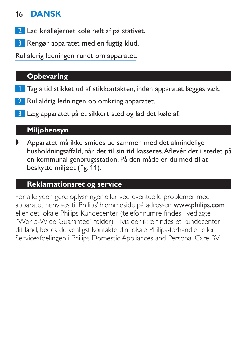 Opbevaring, Miljøhensyn, Reklamationsret og service | Fejlfinding, Problem | Philips SalonCurl Pro Rizador User Manual | Page 16 / 88