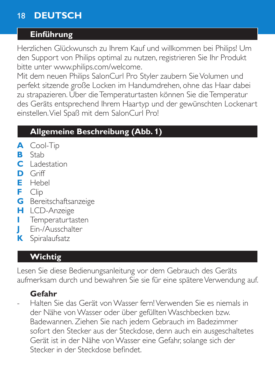 Gefahr, Deutsch, Einführung | Allgemeine beschreibung (abb. 1), Wichtig | Philips SalonCurl Pro Rizador User Manual | Page 18 / 88