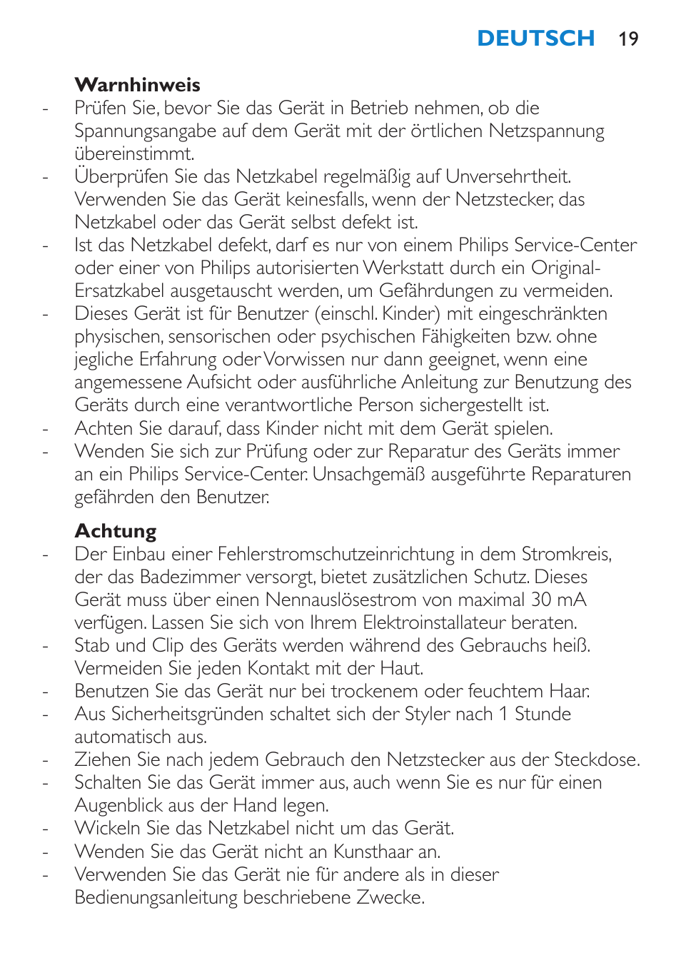 Warnhinweis, Achtung | Philips SalonCurl Pro Rizador User Manual | Page 19 / 88
