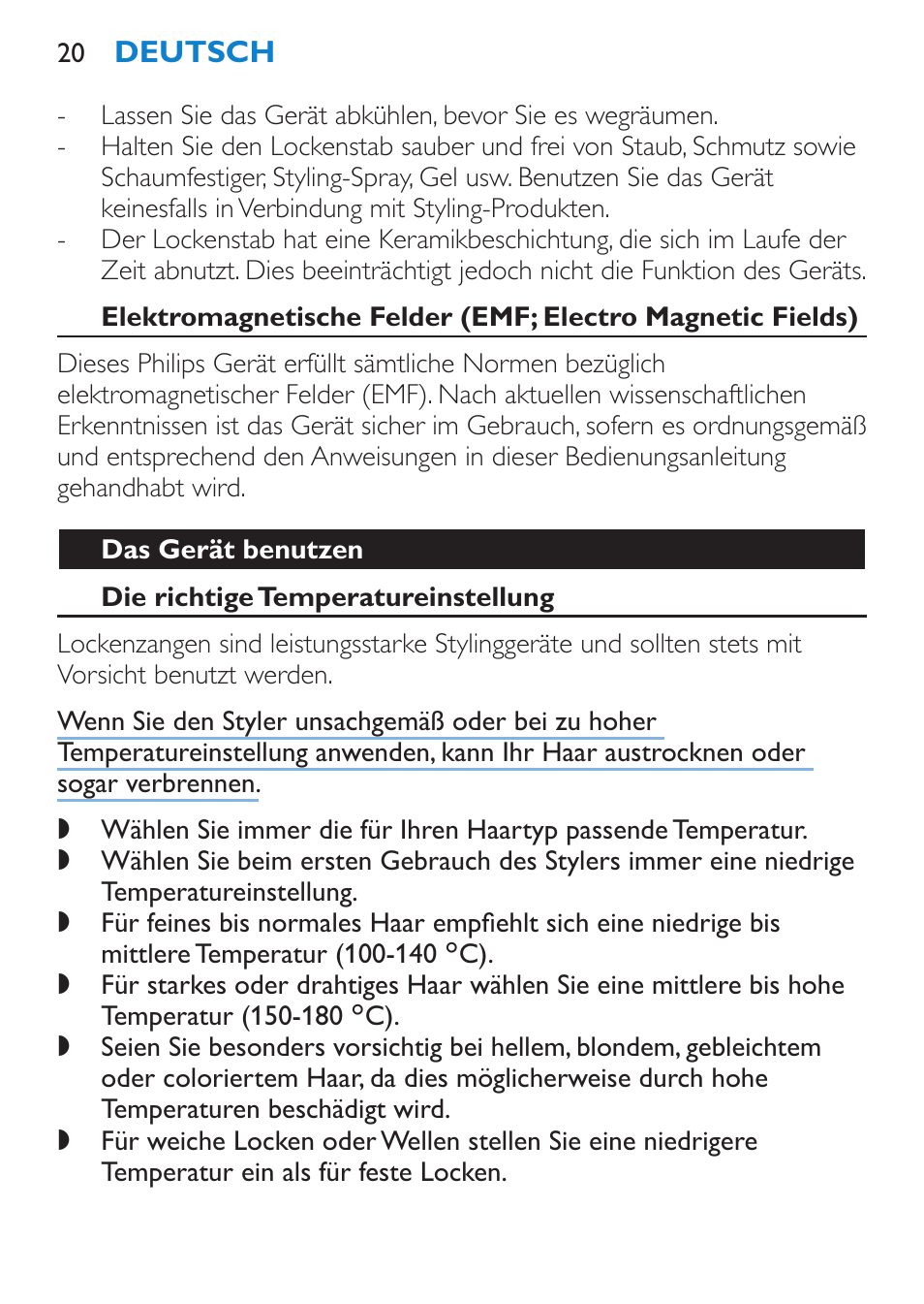 Das gerät benutzen, Die richtige temperatureinstellung | Philips SalonCurl Pro Rizador User Manual | Page 20 / 88