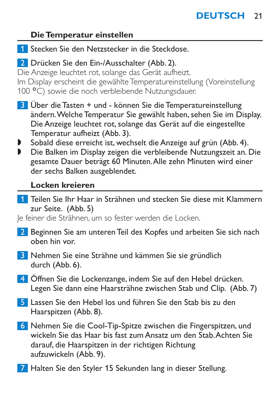 Die temperatur einstellen, Locken kreieren | Philips SalonCurl Pro Rizador User Manual | Page 21 / 88