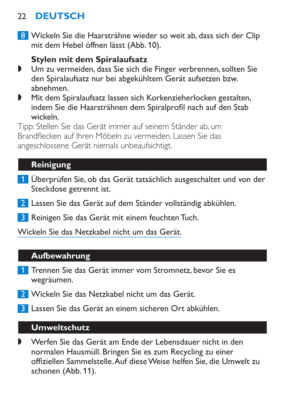 Stylen mit dem spiralaufsatz, Reinigung, Aufbewahrung | Umweltschutz | Philips SalonCurl Pro Rizador User Manual | Page 22 / 88