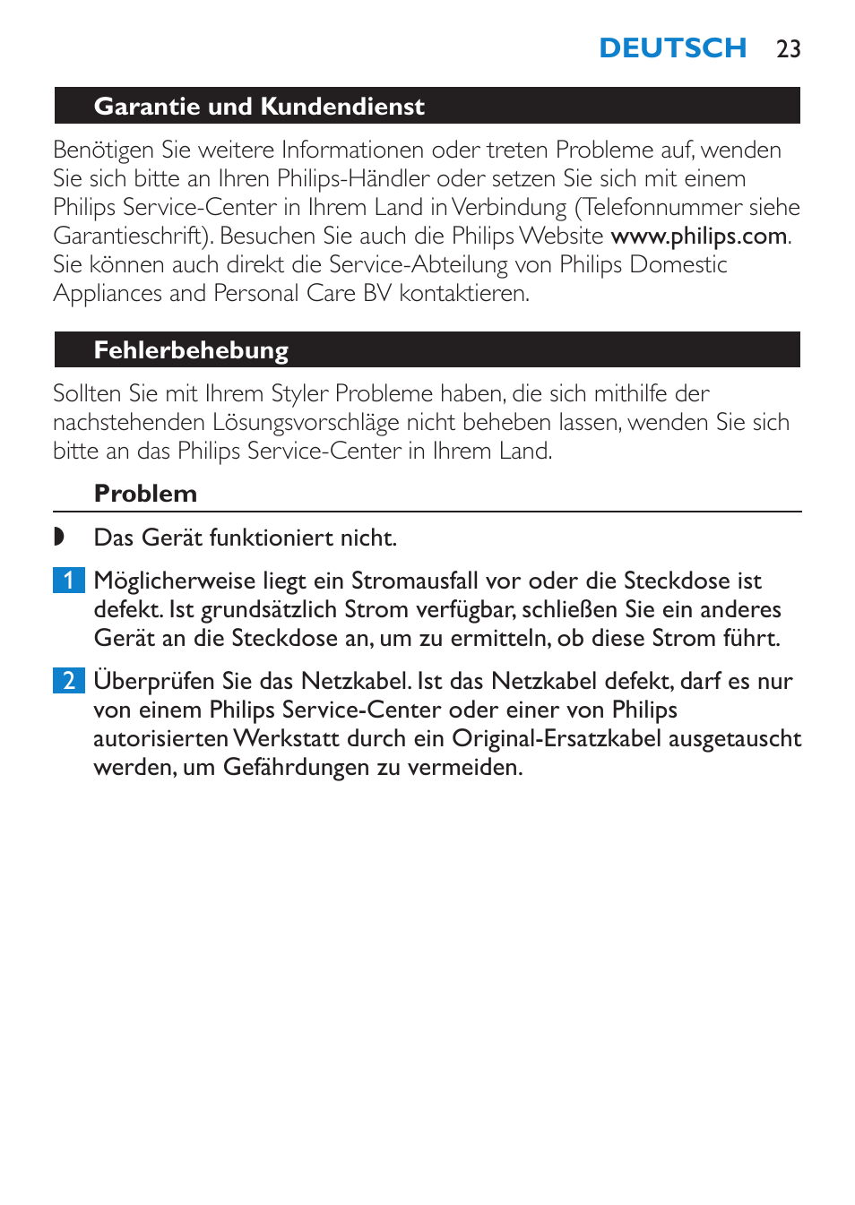 Garantie und kundendienst, Fehlerbehebung, Problem | Philips SalonCurl Pro Rizador User Manual | Page 23 / 88