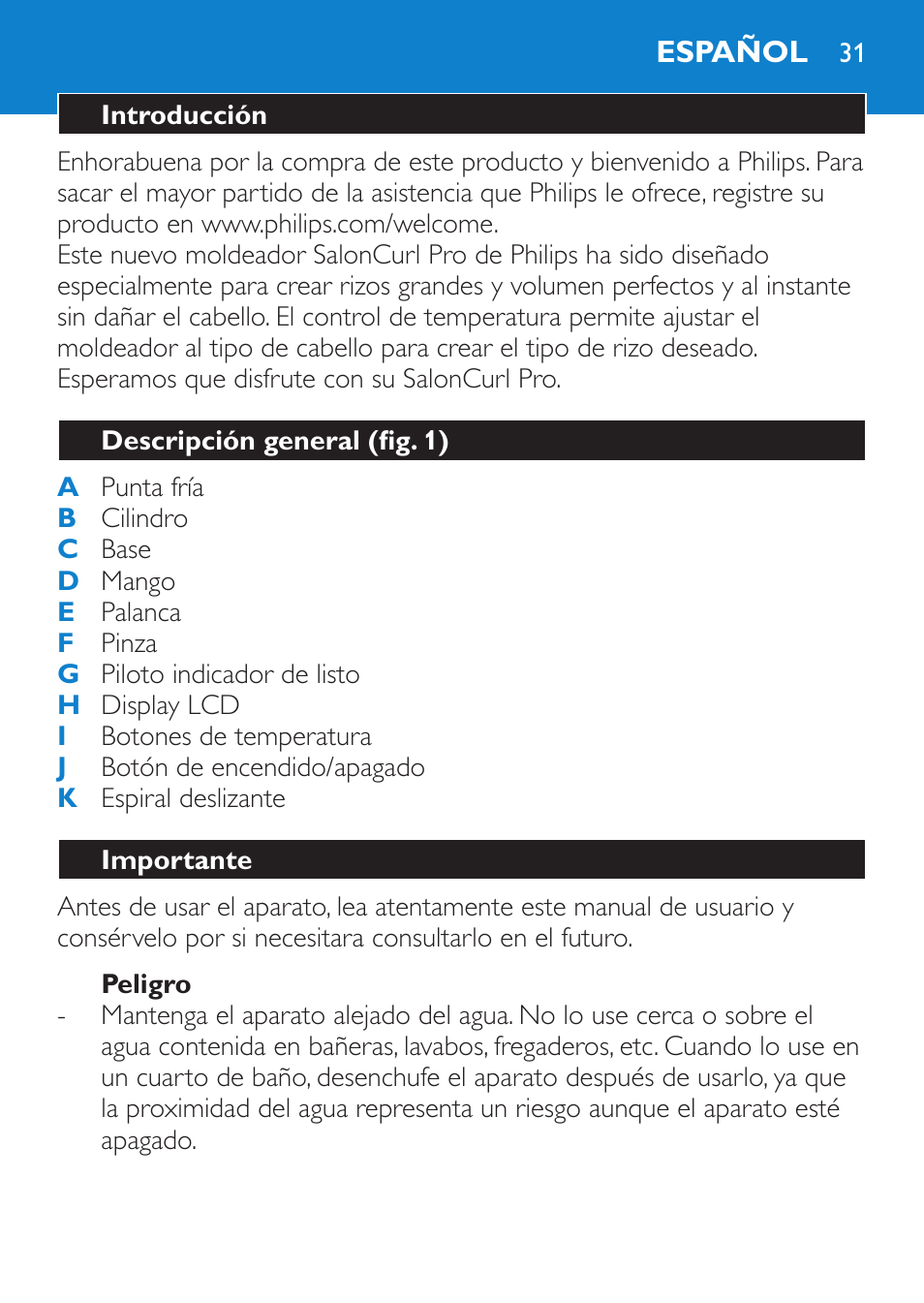 Peligro, Español, Introducción | Descripción general (fig. 1), Importante | Philips SalonCurl Pro Rizador User Manual | Page 31 / 88