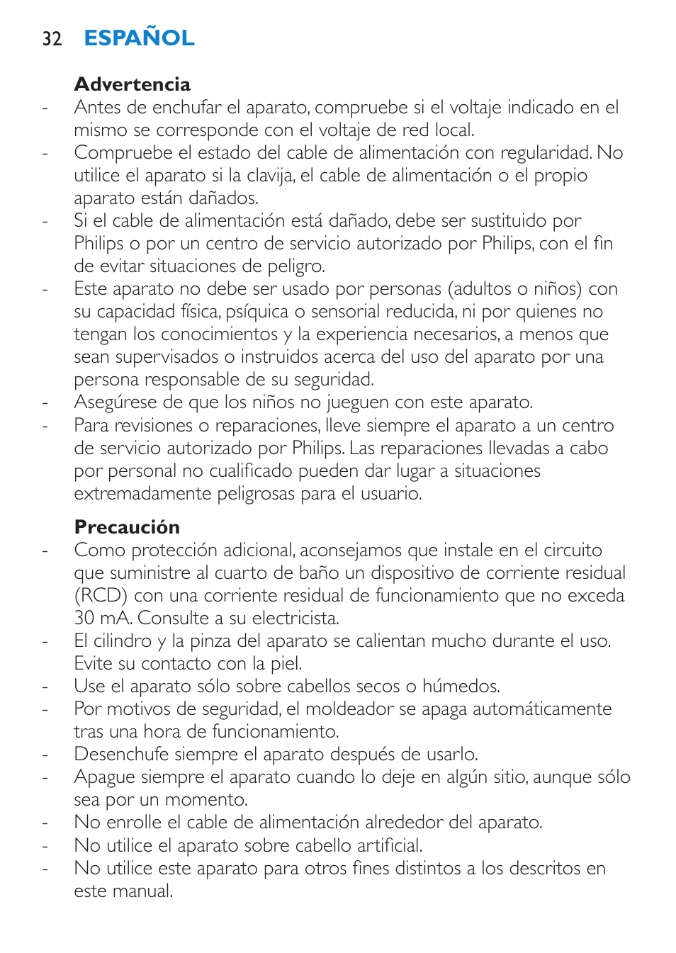Advertencia, Precaución | Philips SalonCurl Pro Rizador User Manual | Page 32 / 88