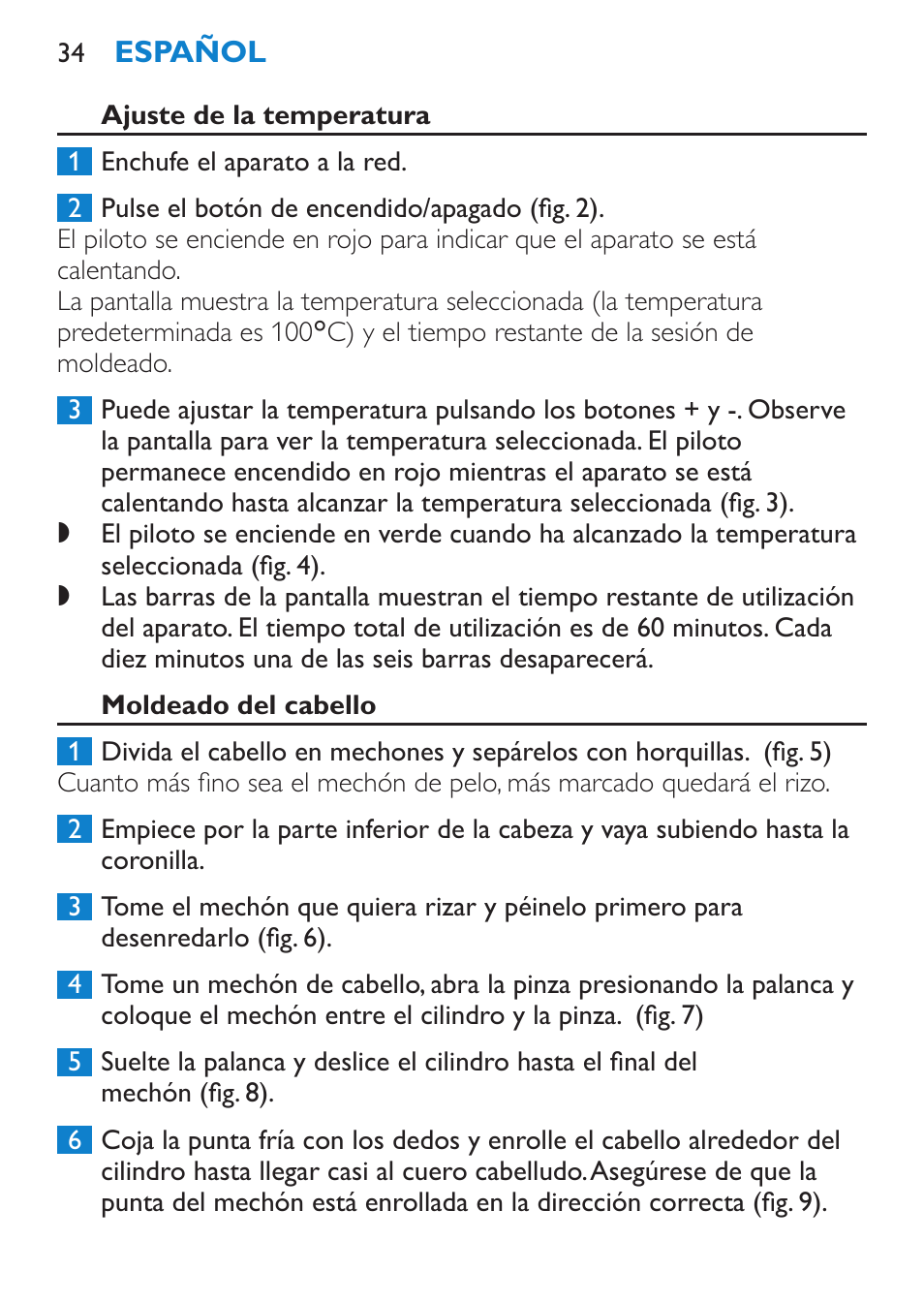 Ajuste de la temperatura, Moldeado del cabello | Philips SalonCurl Pro Rizador User Manual | Page 34 / 88