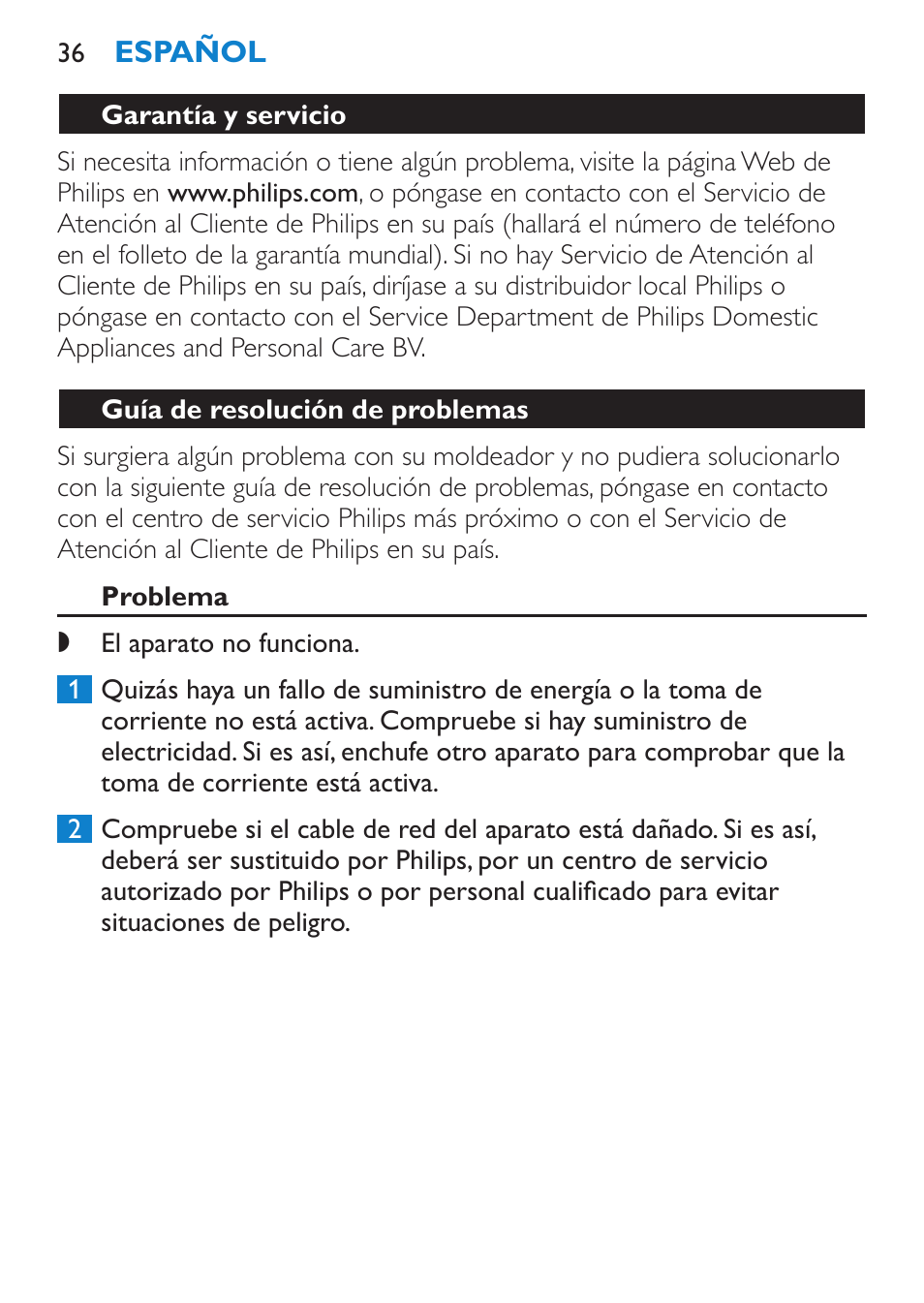 Garantía y servicio, Guía de resolución de problemas, Problema | Philips SalonCurl Pro Rizador User Manual | Page 36 / 88