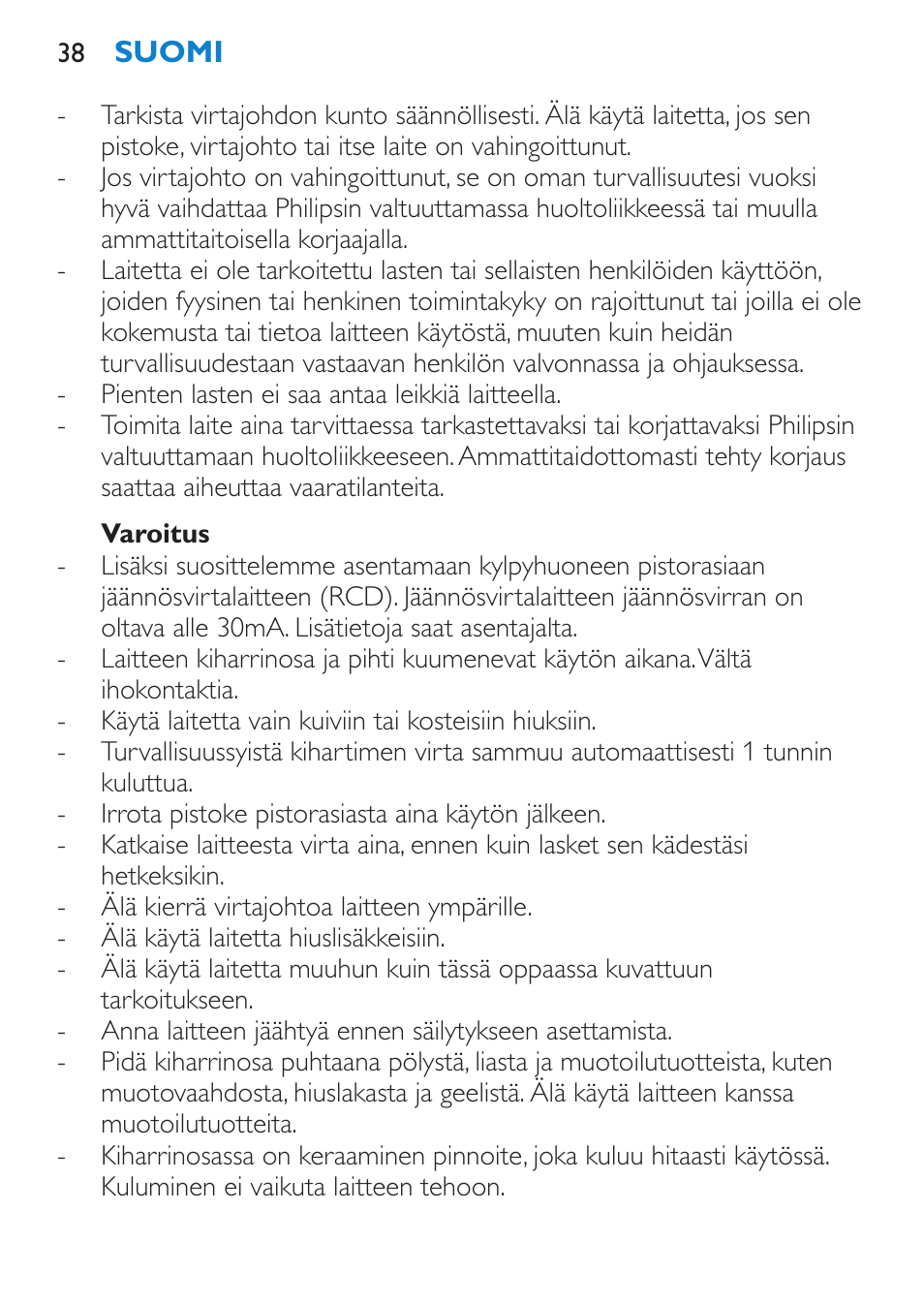 Varoitus | Philips SalonCurl Pro Rizador User Manual | Page 38 / 88