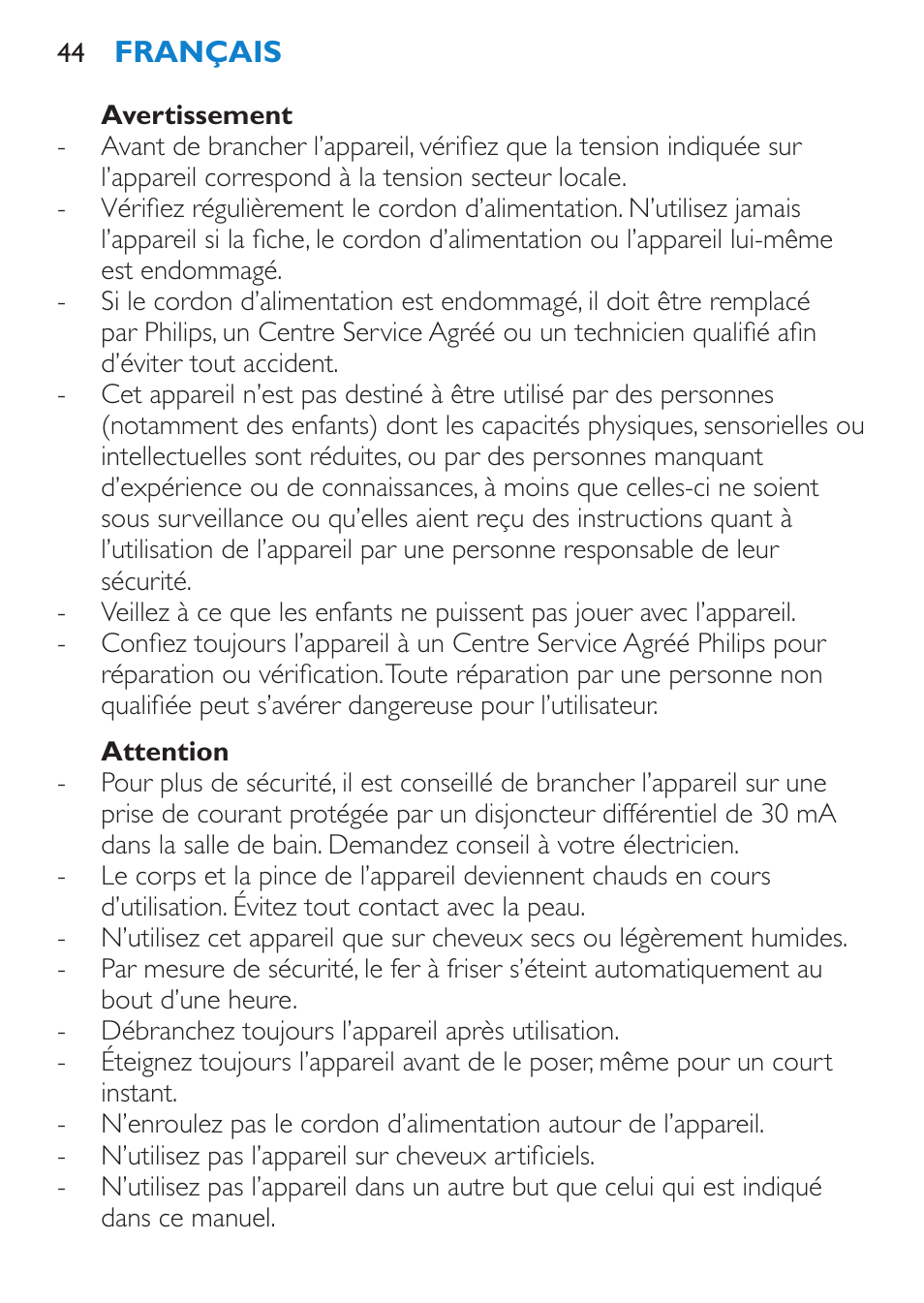 Avertissement, Attention | Philips SalonCurl Pro Rizador User Manual | Page 44 / 88