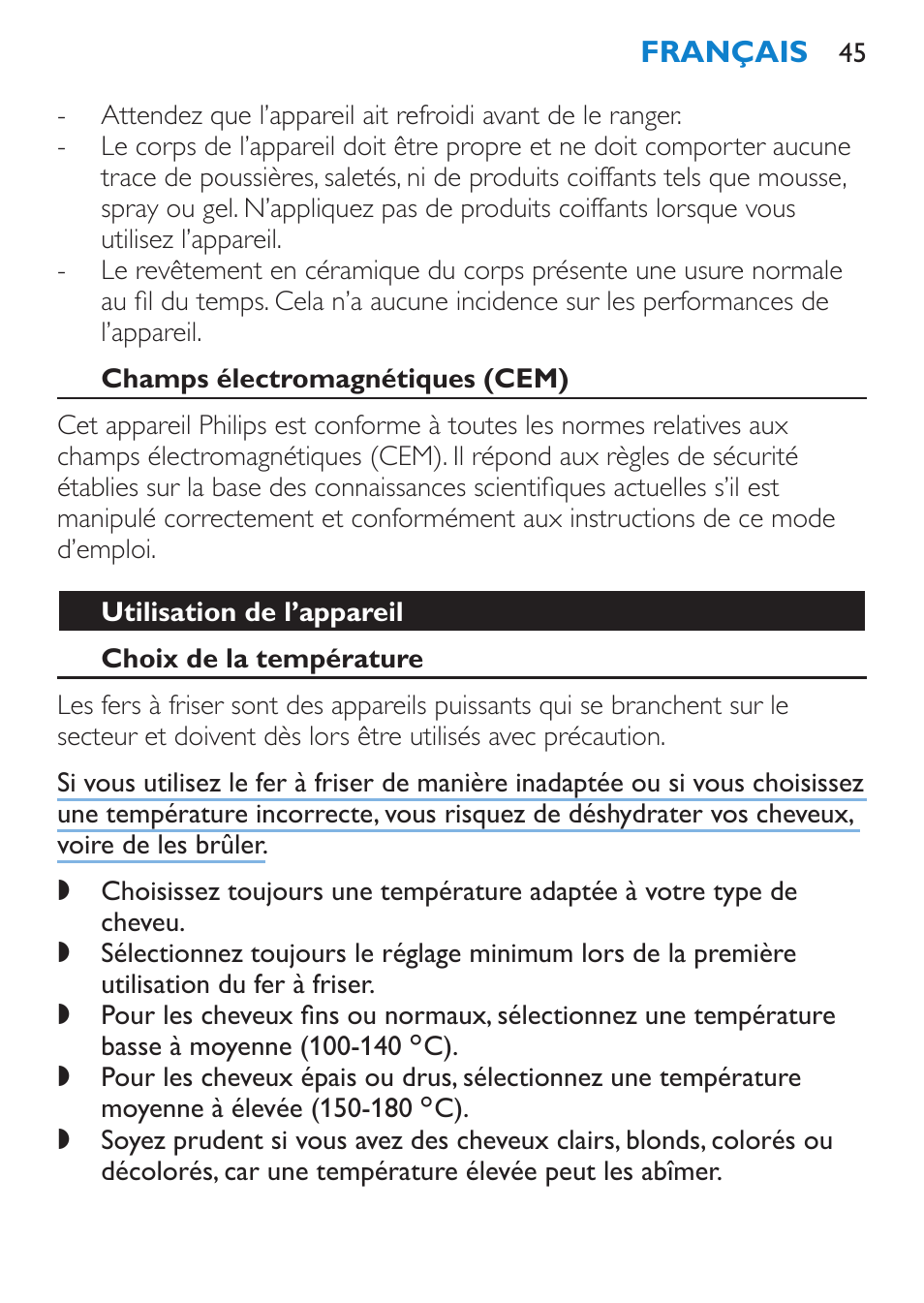 Champs électromagnétiques (cem), Utilisation de l’appareil, Choix de la température | Philips SalonCurl Pro Rizador User Manual | Page 45 / 88