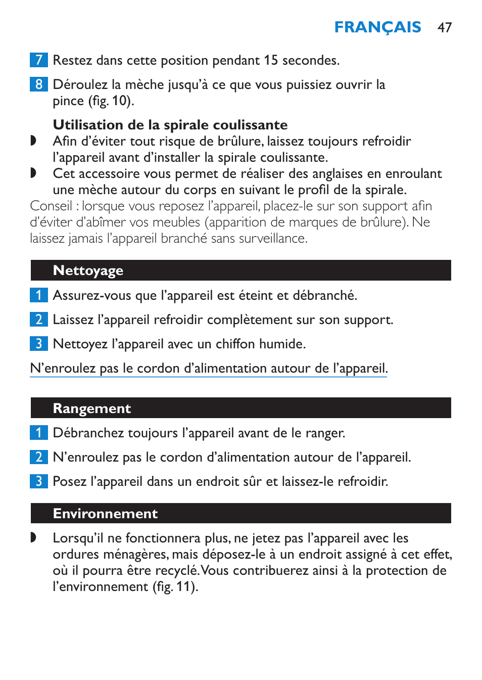 Utilisation de la spirale coulissante, Nettoyage, Rangement | Environnement | Philips SalonCurl Pro Rizador User Manual | Page 47 / 88