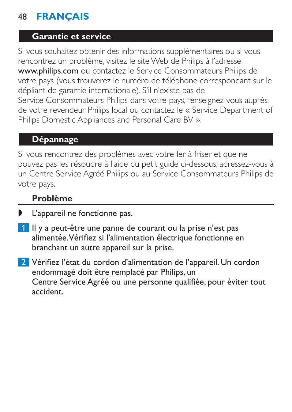 Garantie et service, Dépannage, Problème | Philips SalonCurl Pro Rizador User Manual | Page 48 / 88