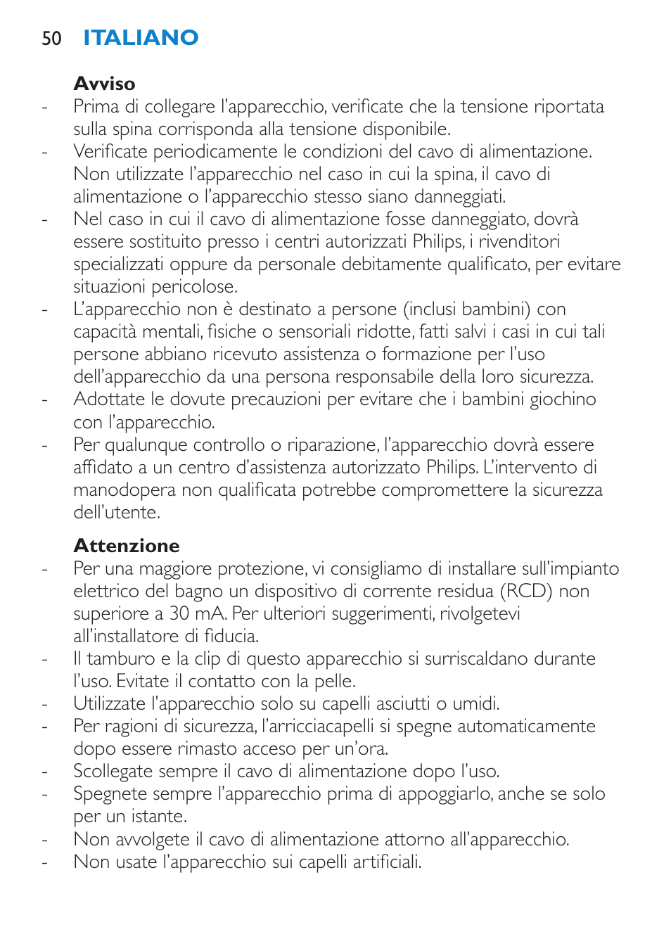 Avviso, Attenzione | Philips SalonCurl Pro Rizador User Manual | Page 50 / 88