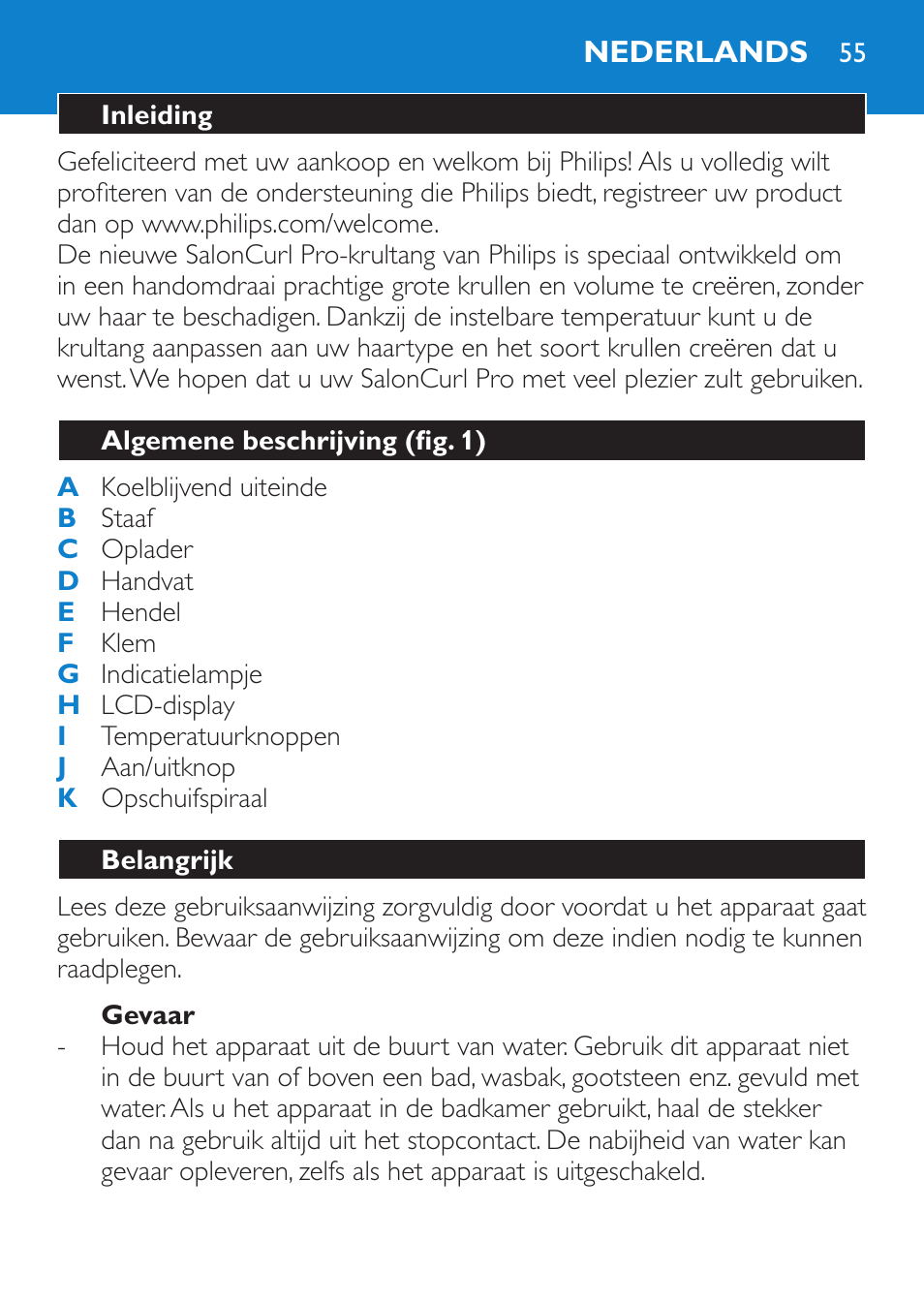 Gevaar, Nederlands, Inleiding | Algemene beschrijving (fig. 1), Belangrijk | Philips SalonCurl Pro Rizador User Manual | Page 55 / 88