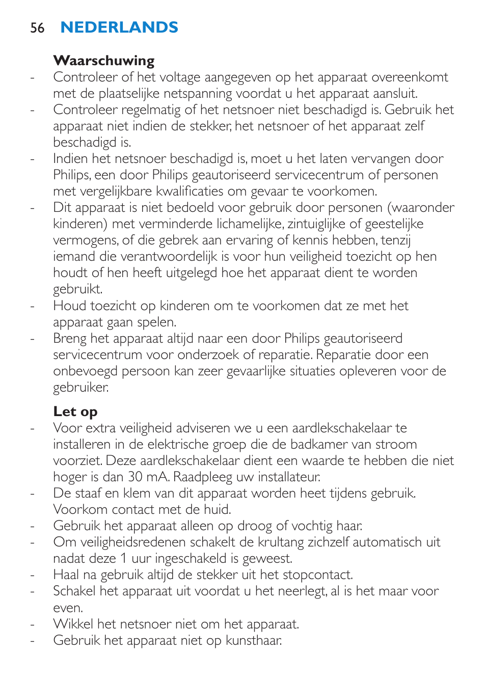 Waarschuwing, Let op | Philips SalonCurl Pro Rizador User Manual | Page 56 / 88