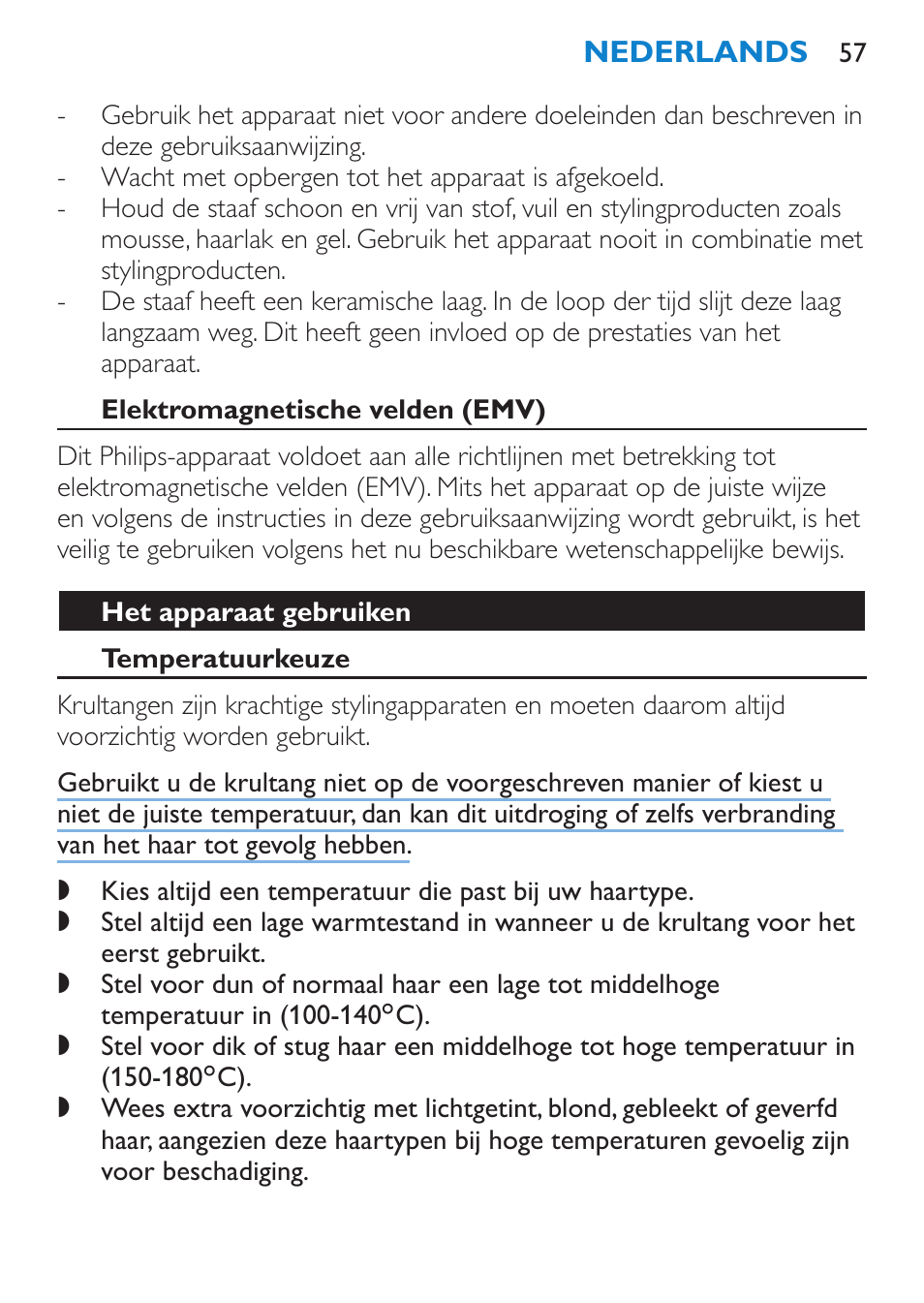 Elektromagnetische velden (emv), Het apparaat gebruiken, Temperatuurkeuze | Philips SalonCurl Pro Rizador User Manual | Page 57 / 88