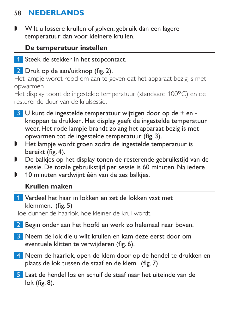 De temperatuur instellen, Krullen maken | Philips SalonCurl Pro Rizador User Manual | Page 58 / 88