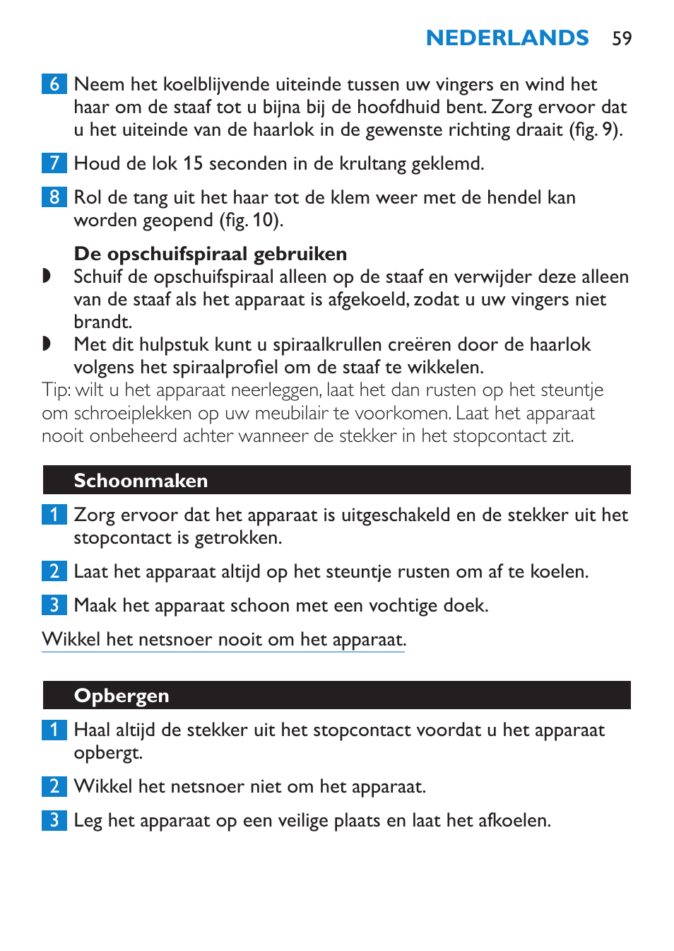 De opschuifspiraal gebruiken, Schoonmaken, Opbergen | Philips SalonCurl Pro Rizador User Manual | Page 59 / 88