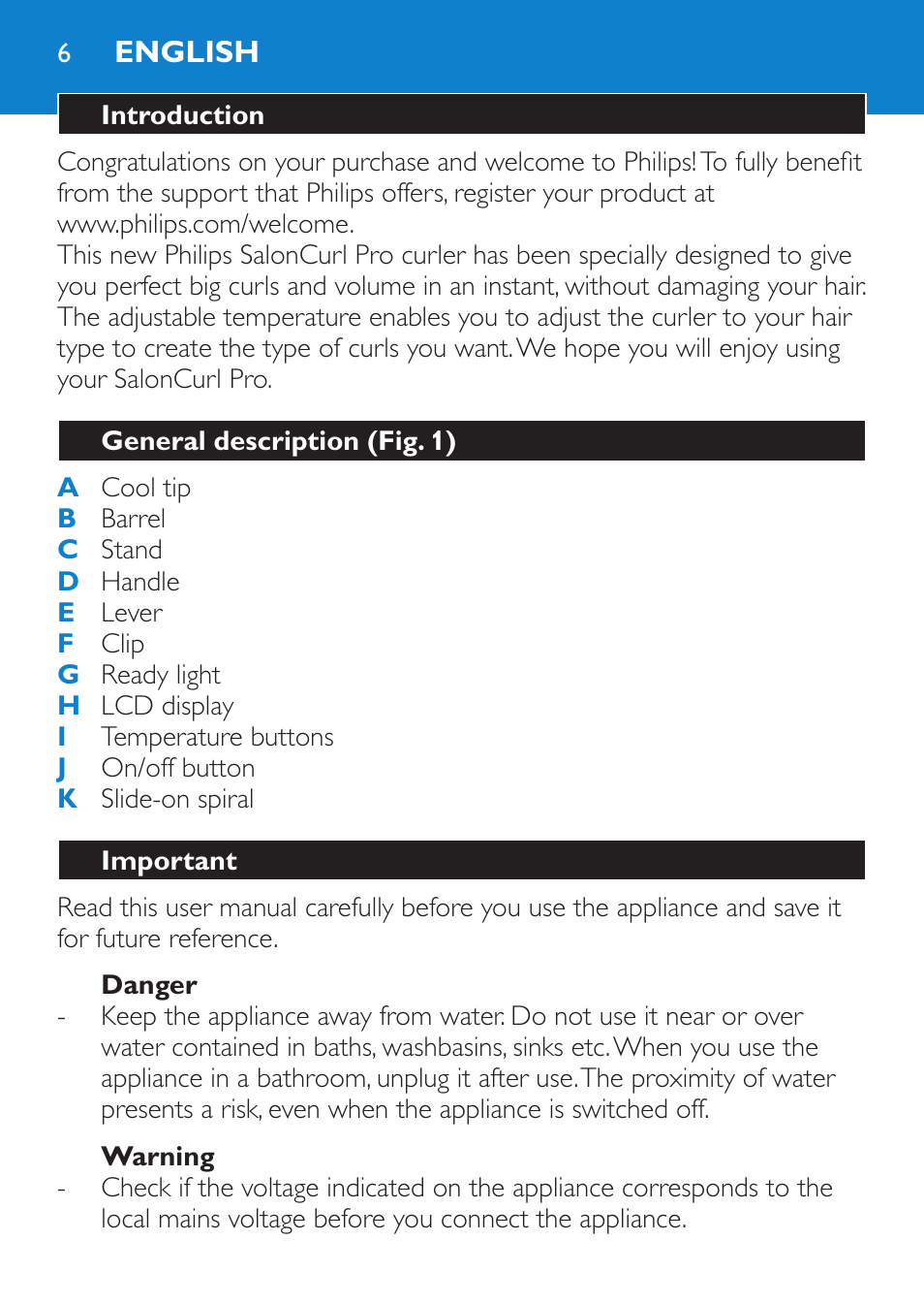 English, Introduction, General description (fig. 1) | Important, Danger, Warning | Philips SalonCurl Pro Rizador User Manual | Page 6 / 88